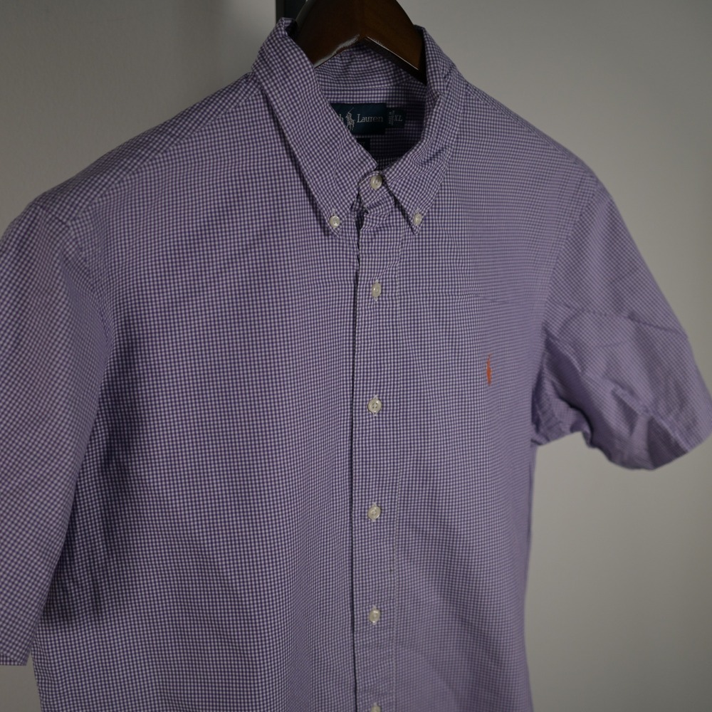 Ralph Lauren Mens XL Gingham mini Check short sleeve Shirt Purple White Preppy